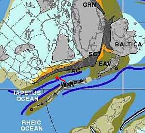 Taconic and Avolonian arcs impact with Laurentia (proto North America)