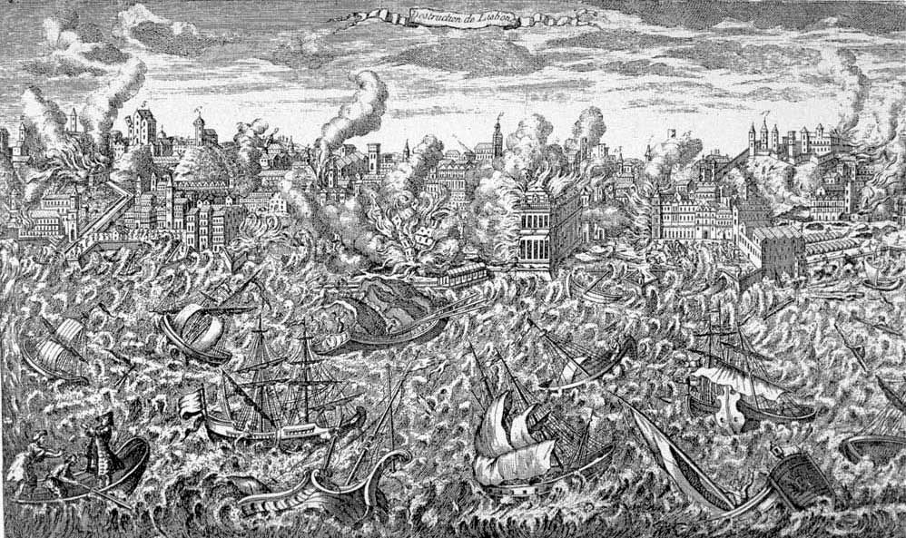 Lisbon, Portugal, during the great earthquake of 1 November 1755. - copper engraving,