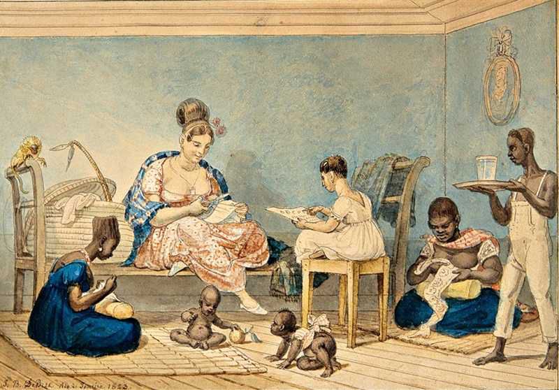 Brazilian woman at home with slaves - Jean-Baptiste Debret - Col.-Museus-Castro-Maya