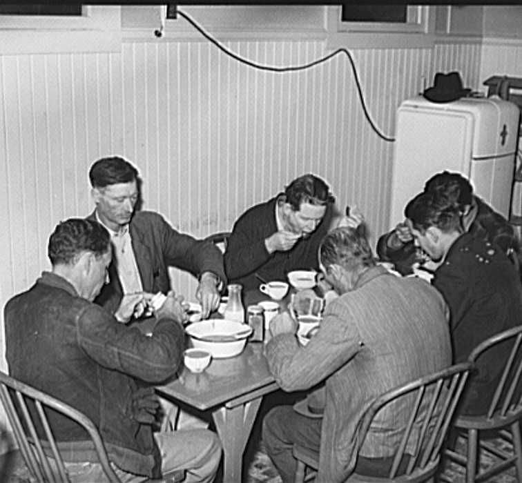 Men eating afternoon meal at Salvatiion Army, Corpus Christi, Texas  Photo: Russell Lee