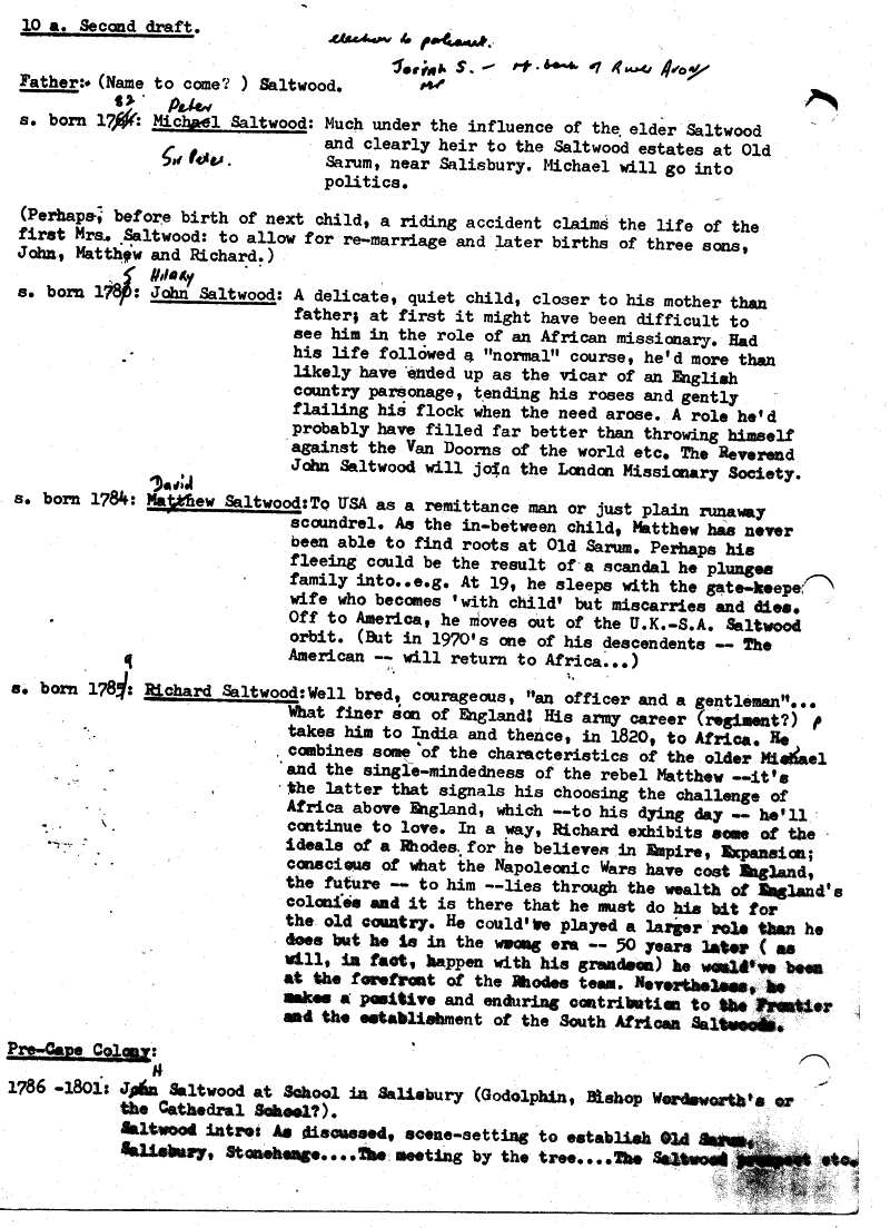 James Michener's Covenant - Uys Plotting Notes for Saltwood Family 1
