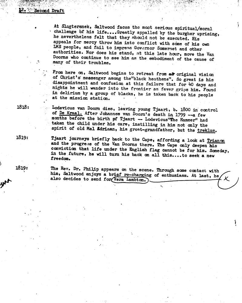 James Michener's Covenant - Uys Plotting Notes for Saltwood Family 5