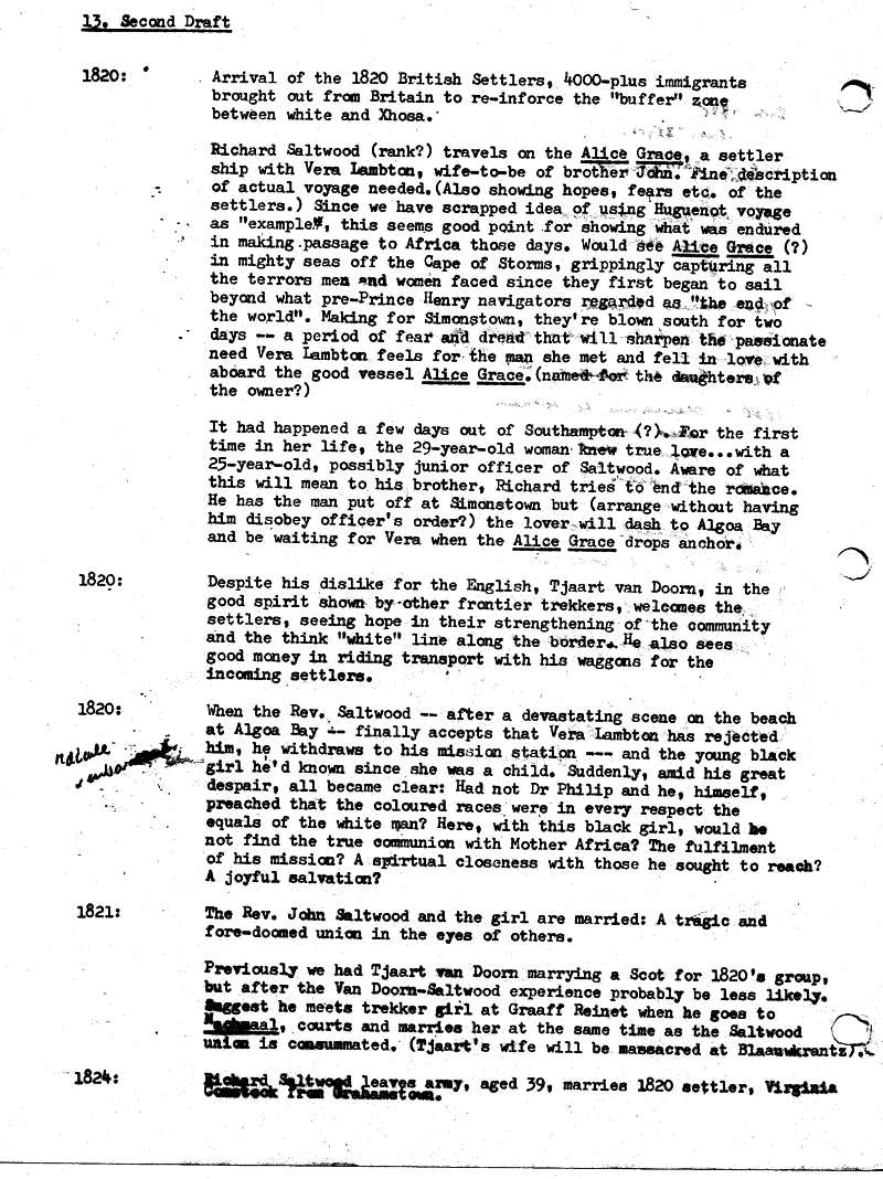 James Michener's Covenant - Uys Plotting Notes for Saltwood Family 6