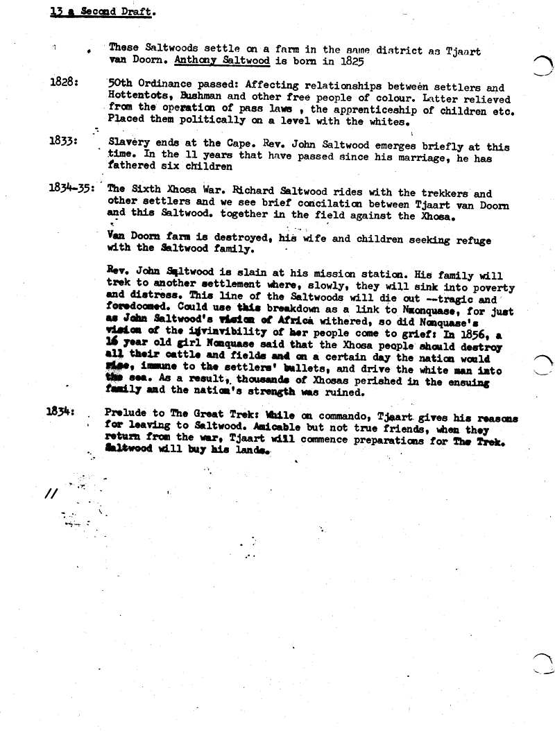 James Michener's Covenant - Uys Plotting Notes for Saltwood Family 7