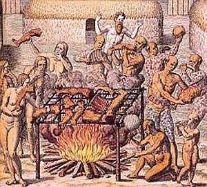 Cannibals grill enemy on a boucan, Brazil, 16th Century [13]