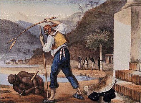 A Brazilian slave owner punishes a slave in 19th century Brazil.-  Jean-Baptiste Debret (1834–1839)