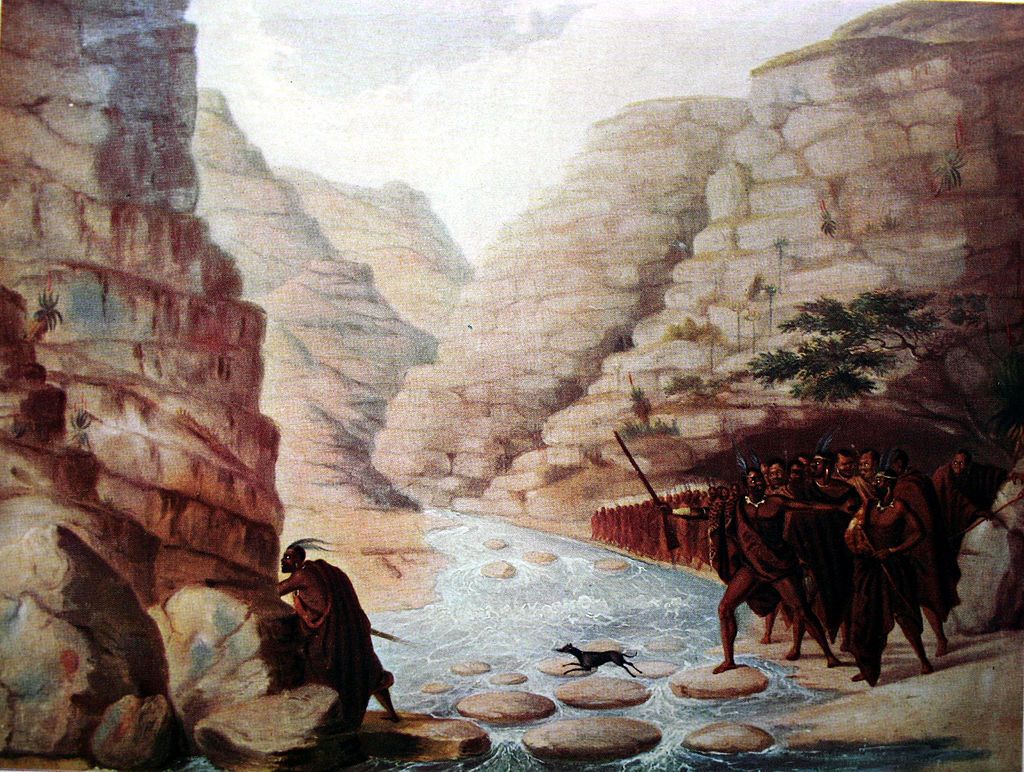 A column of Xhosa, crossing a ravine in the frontier mountains - Frederick I'Ons