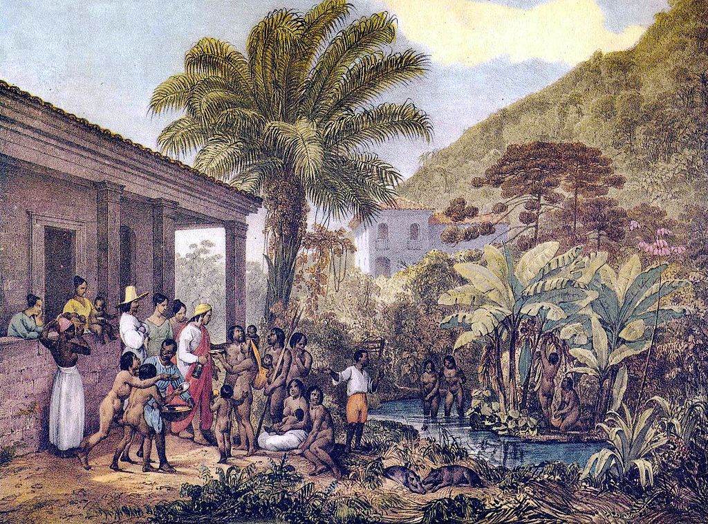 Indians visiting a Brazilian farm plantation in Minas Gerais, 1824. Painting by Johann Moritz Rugendas.