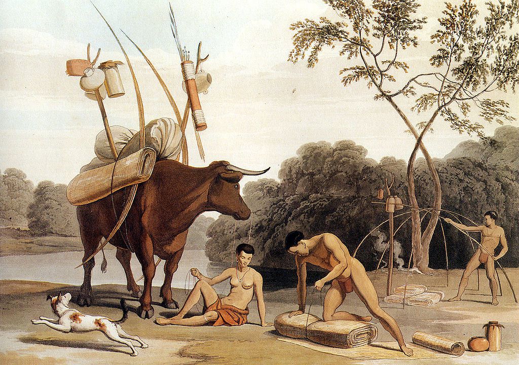 Korah-Khoikhoi dismantling their huts, preparing to move to new pastures. Samuel Daniell - Aquatint 1805.