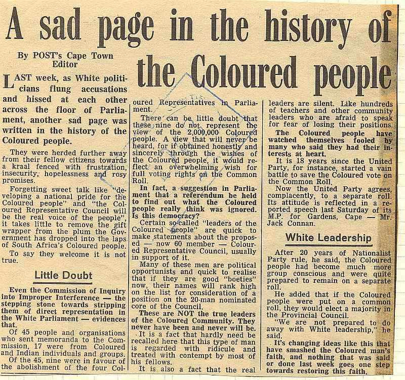 A sad page in the history of the Coloured people - Post, South Africa