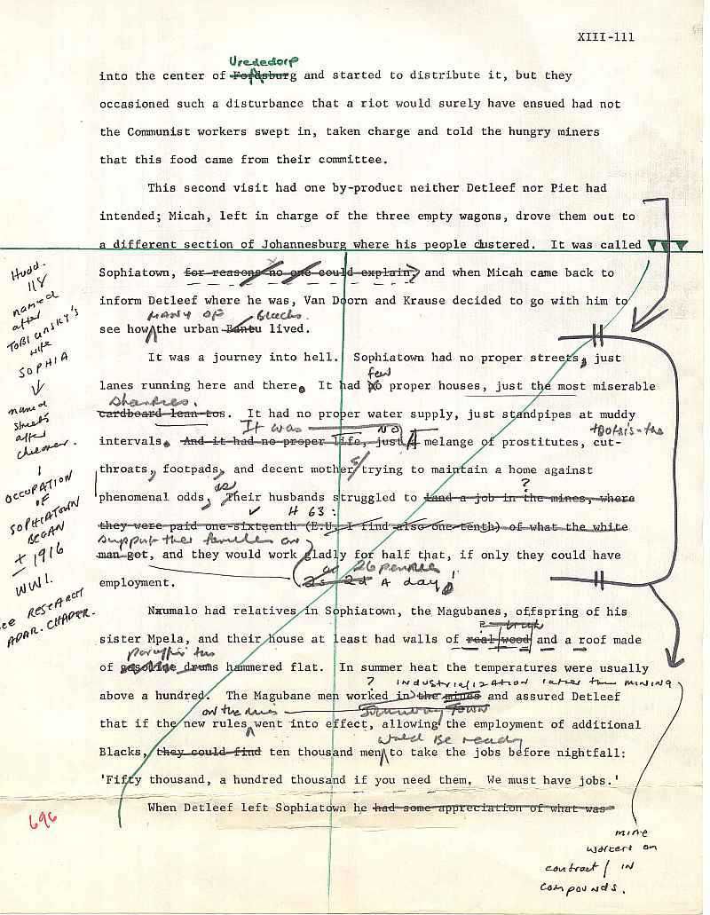 Michener's original draft for a story about Sophiatown in The  Covenant