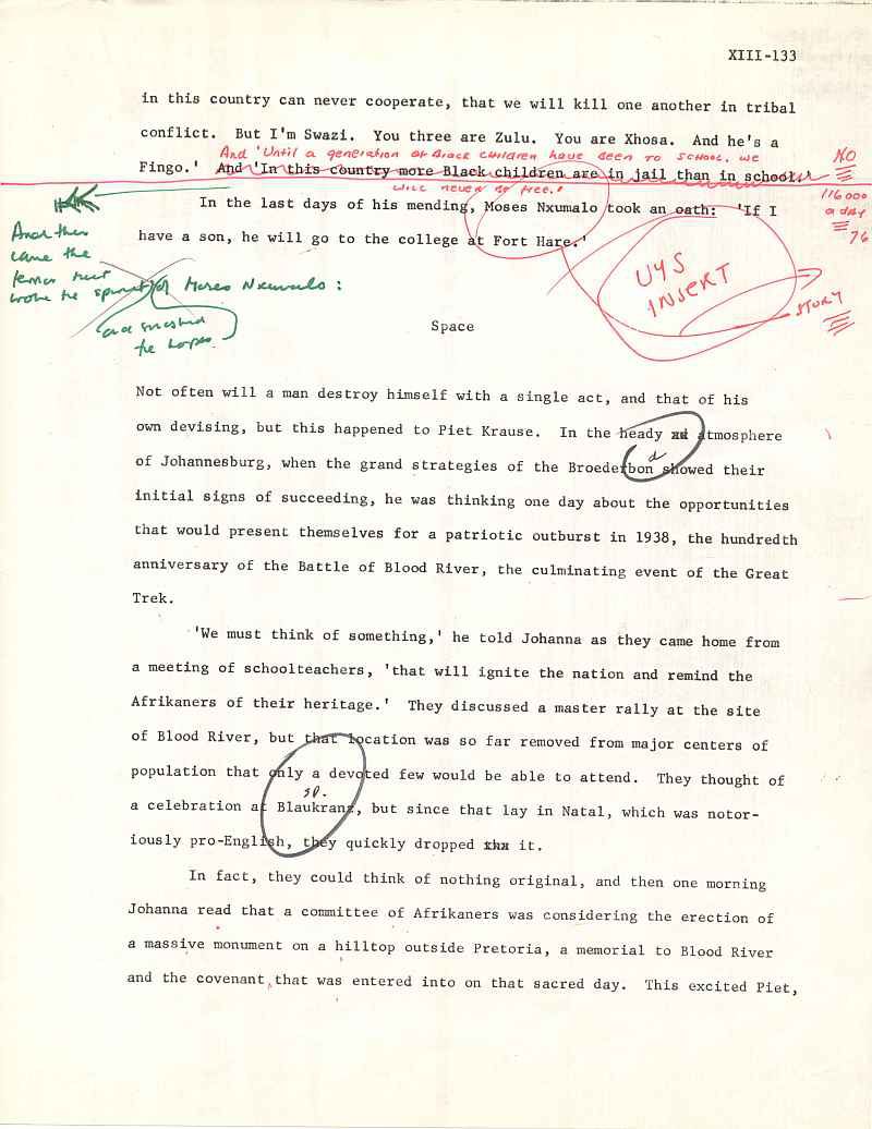Michener's original draft for a story about Sophiatown in The  Covenant 3