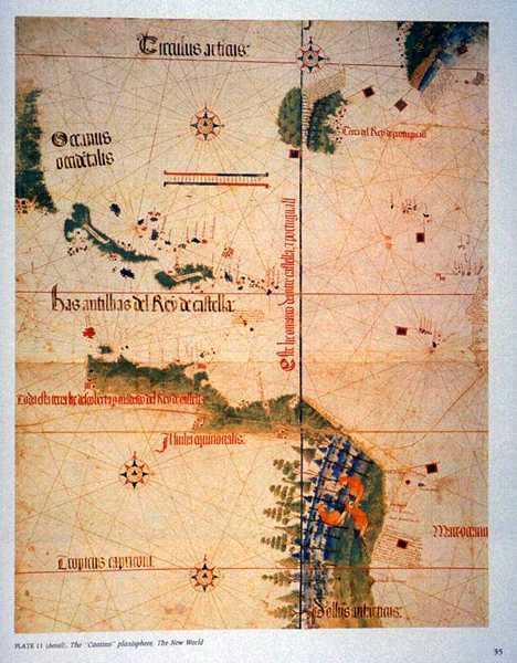 Detail of the Cantino planisphere, showing the Americas and Tordesilhas line