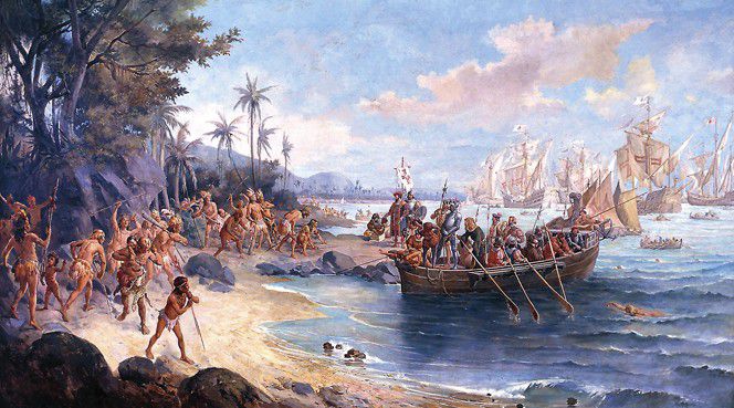 Romantic depiction of Cabral's first landing on the Island of the True Cross (present-day Brazil). He can be seen on the shore (center) standing in front of an armored soldier, who is carrying a banner of the Order of Christ.