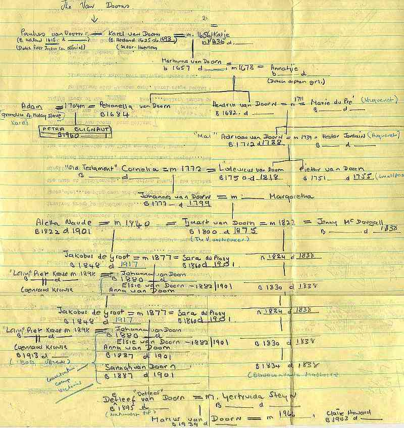 Excerpt from Errol Lincoln Uys draft family tree for Michener's novel, Covenant