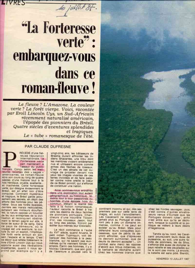 Figaro, Paris - Review of Brazil (La Forteresse Verte) by Errol Lincoln Uys