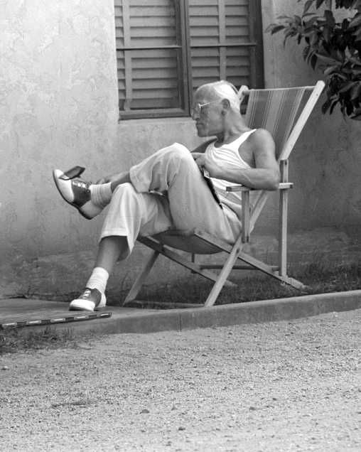 Tourist swatting fly in Phoenix, Arizona tourist court Photo: Russell Lee