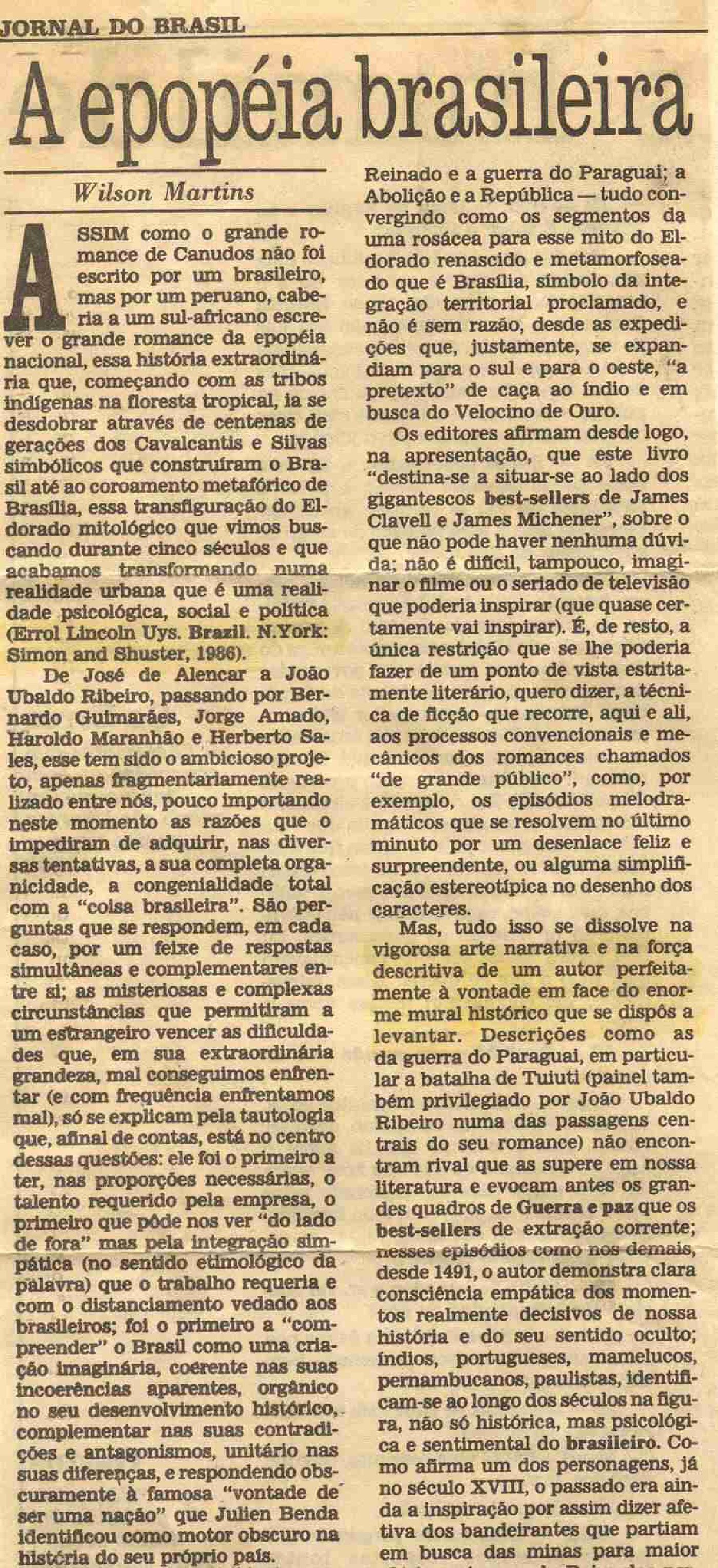 Jornal do Brasil, review of Brazil by Errol Lincoln Uys by Wilson Martins