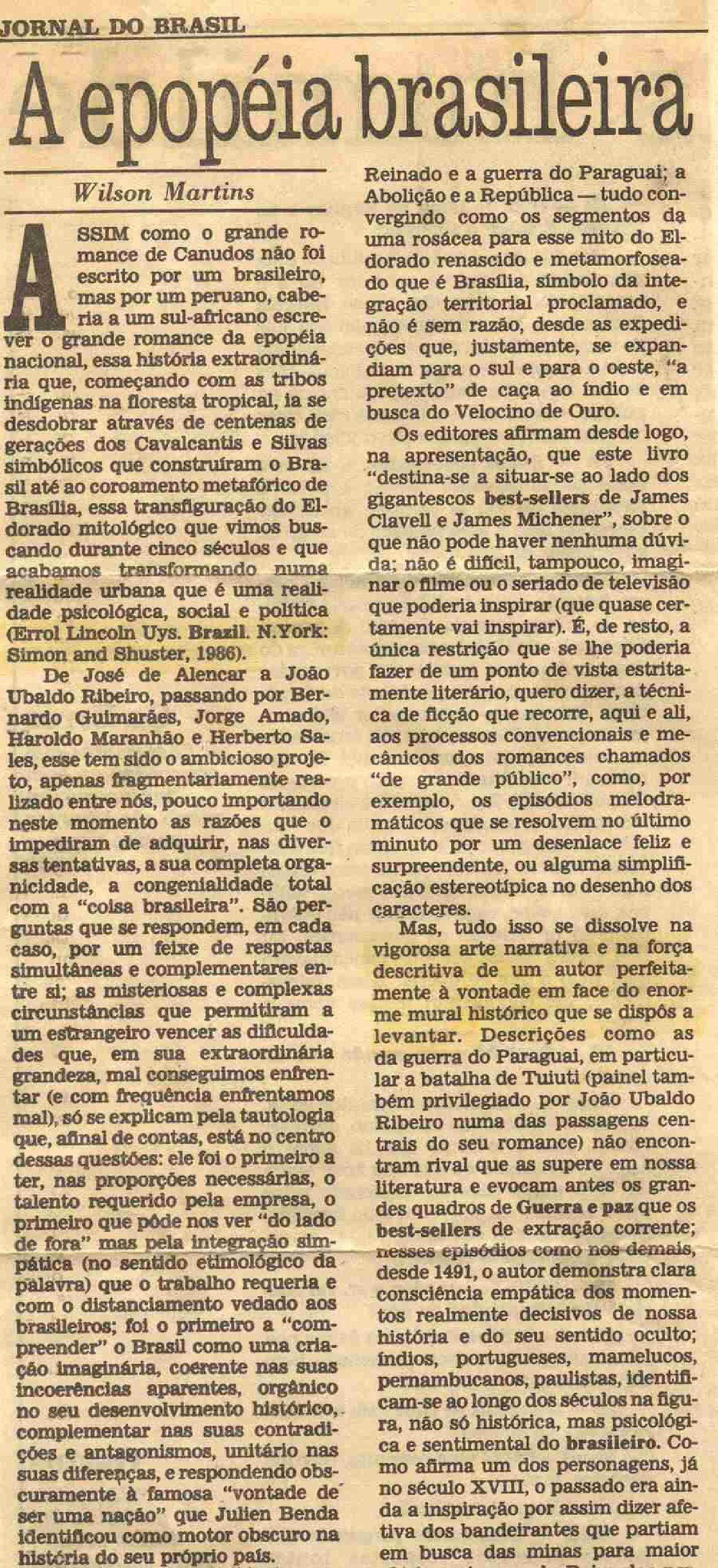 Jornal do Brasil, review of Brazil by Errol Lincoln Uys by Wilson Martins