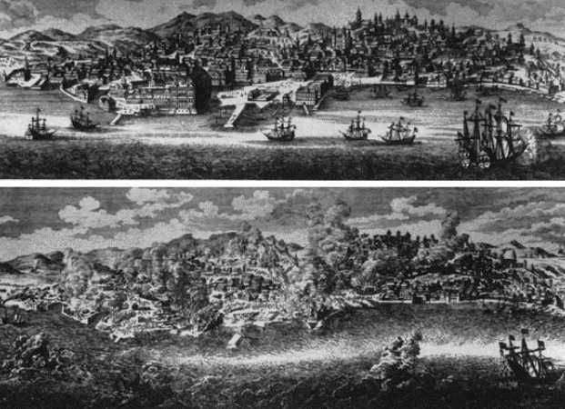 Etchings of before and after views of Lisbon