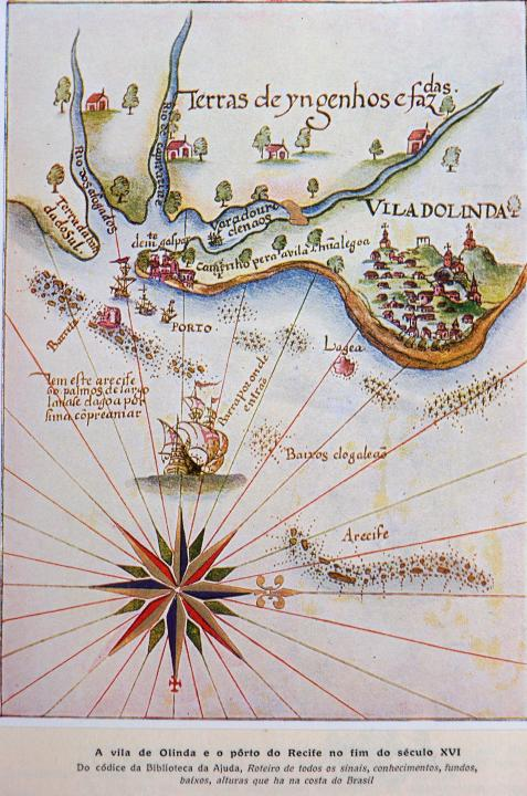 16th century map of Olinda and port of Recife