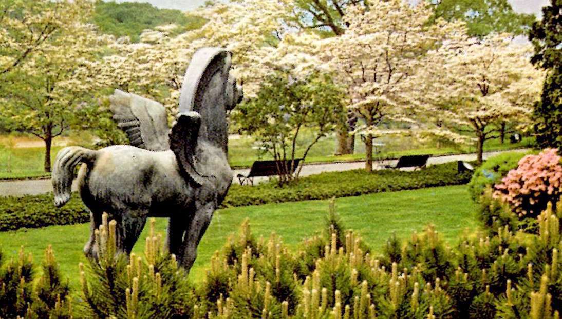 Pegasus, symbol of Reader's Digest, at entrance to Chappaqua headquarters, 1977