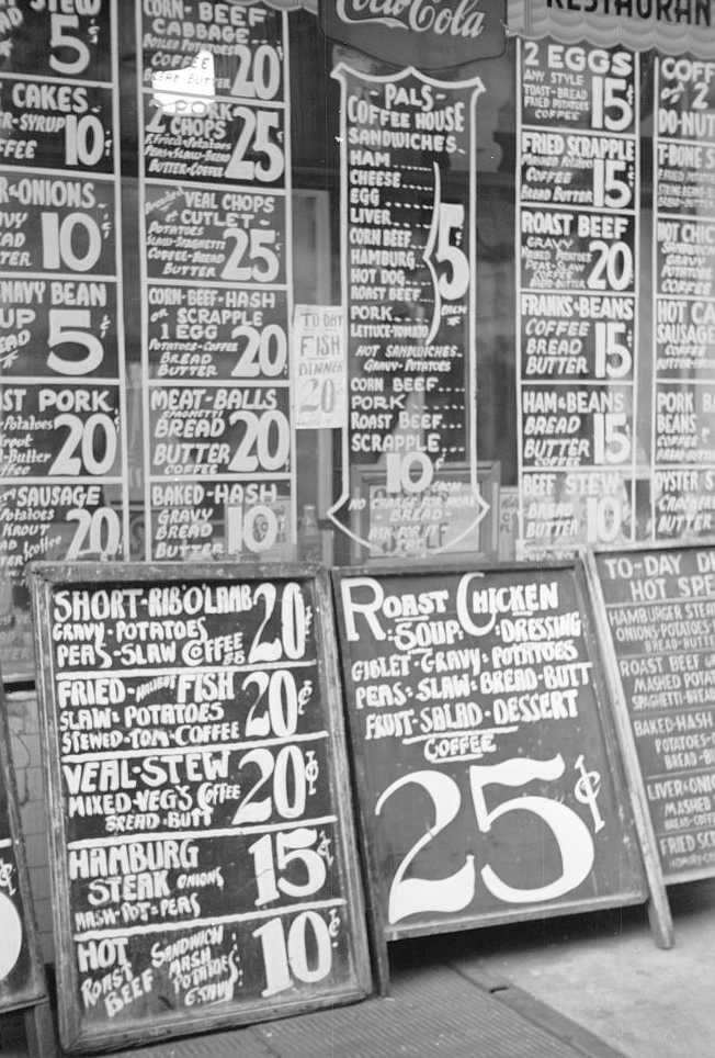 Restaurant sign on Baltimore Street, Baltimore, Maryland  Photo: Arthur Rothstein