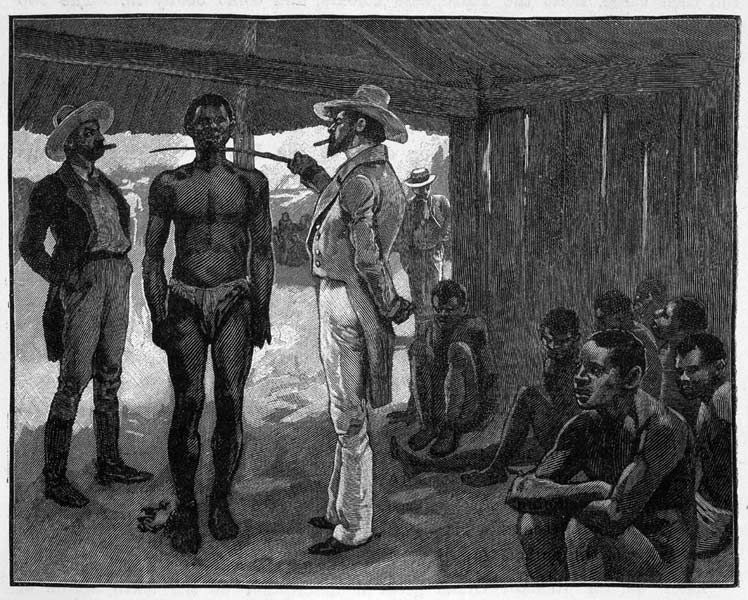 Brazilian slave trafficker inspects slaves
