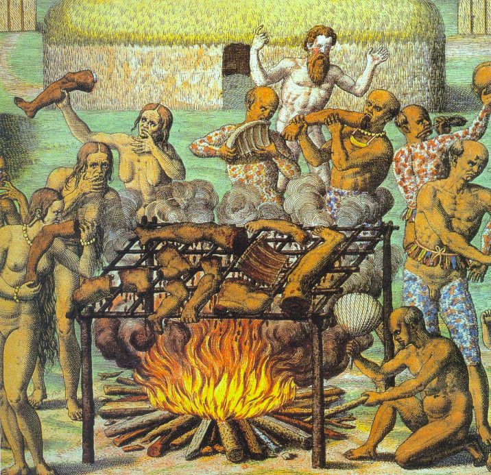 Cannibalism in Brazil - Victim on the boucan - Theodore de Bry based on Hans Staden's captivity