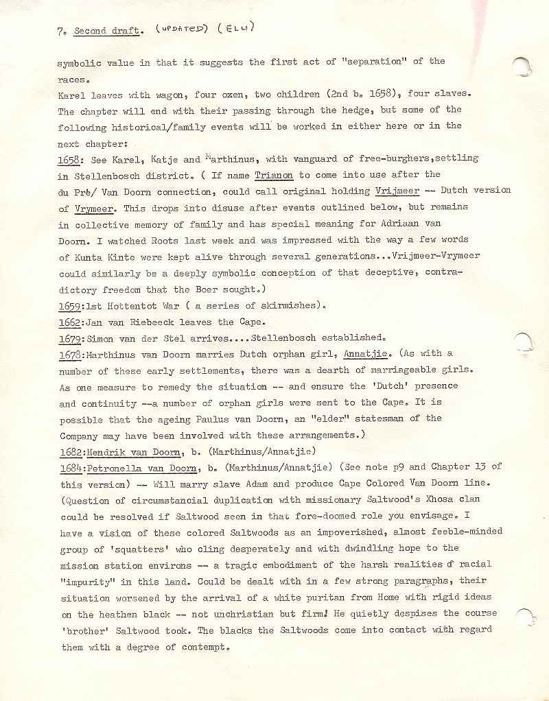 Page 7, second draft, from Errol Lincoln Uys outline for Michener novel, The Covenant
