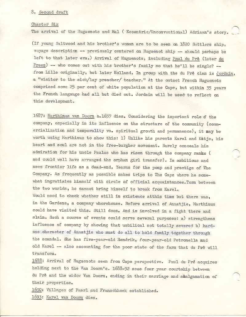 Page 8, second draft, from Errol Lincoln Uys outline for Michener novel, The Covenant